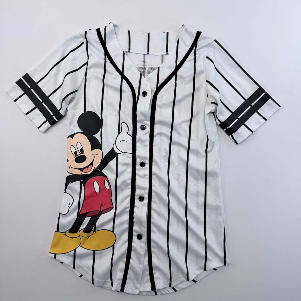 Disney Mickey Mouse Baseball Jersey White Pinstripe Mesh Button Up Shirt Small